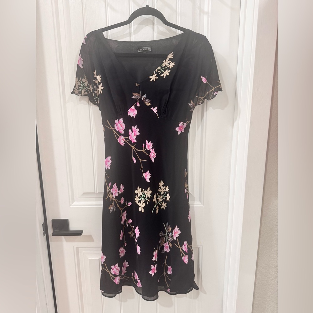 Ceduxion Black Midi Dress with Pink and Cream Floral Design. Made in USA